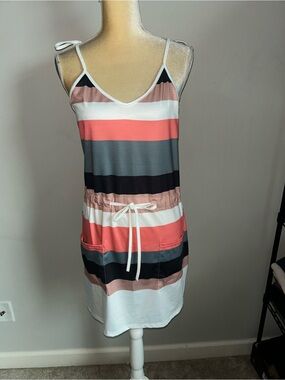 NWT Etcyy New Striped Summer Tie-Waist Tank Dress in Coral, Gray & White Sz M